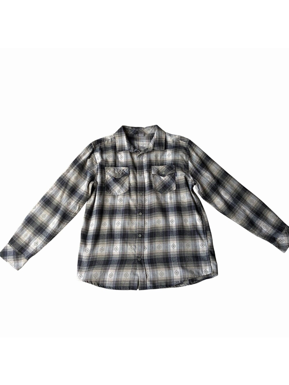 Hurley Men's L Gray White Plaid Woven Long Sleeve Button-Up Shirt w/ Pockets